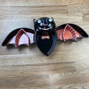 Rare Dept 56 Halloween Vampire Bat 3 Piece Ceramic Candy Snack Dish Springy Eyes